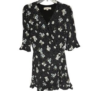LOFT Wrap Romper Mini Dress Black Floral Polka Dot Women's Size 4